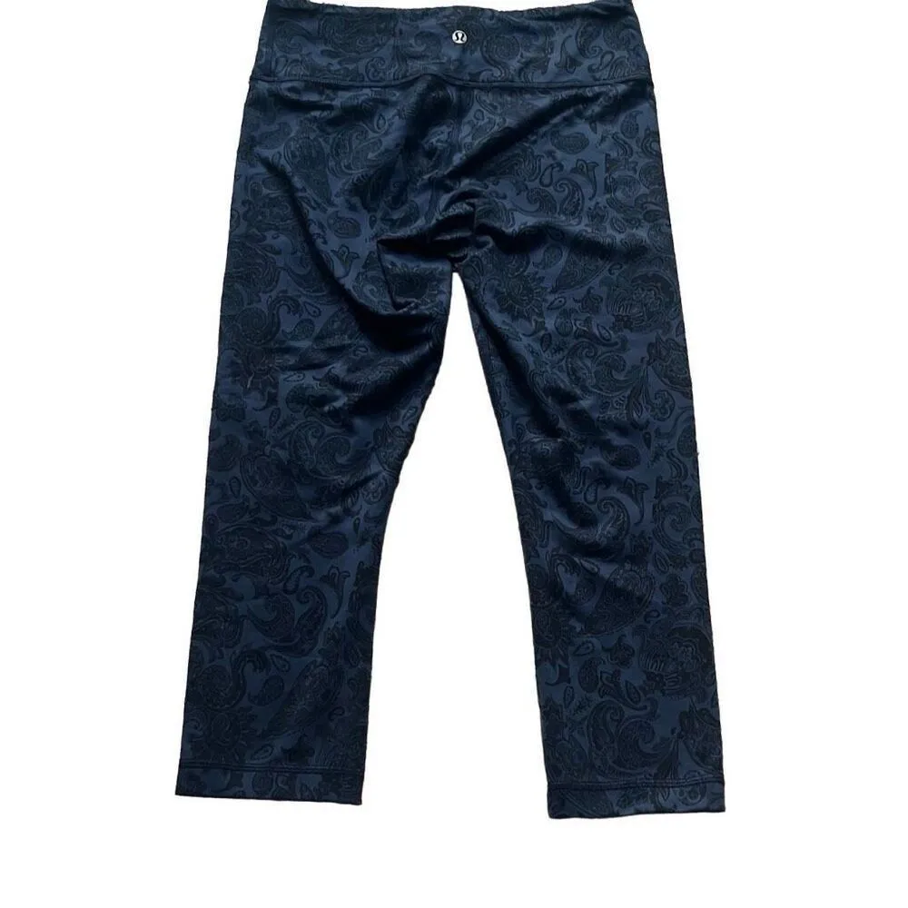 Lululemon 4 Black Paisley Print Wunder Under Mid Rise Cropped Leggings Gym Yoga - Image 3