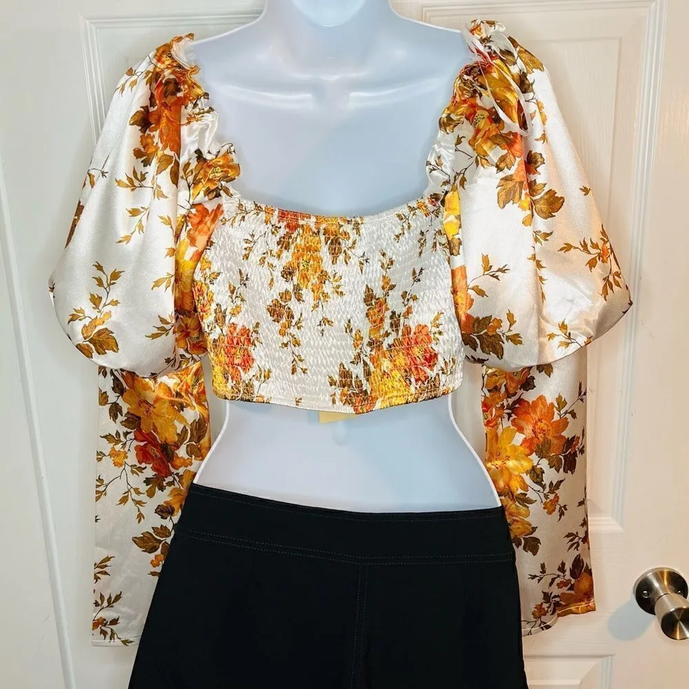 Red Dress Gently Love Ivory Floral Print Crop Top Puff Sleeves White Rust L - Image 7