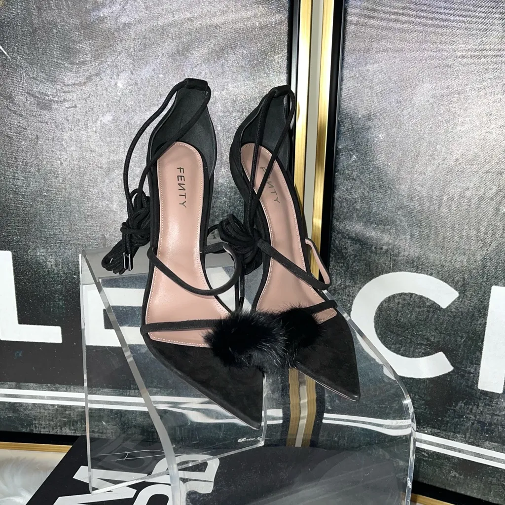 Fenty Scandal Lace Up Black Suede Fur Sandal with Fur Detail and Pointy Toe Size 6 - Image 4