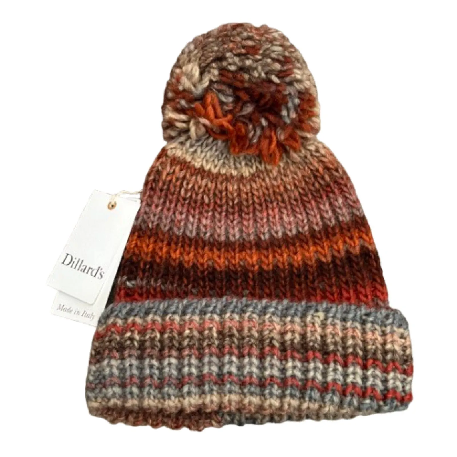 NWT Dillard's PomPom Beanie Wool Blend Stripe Knit Made in Italy Fall Earthy Orange - Image 1