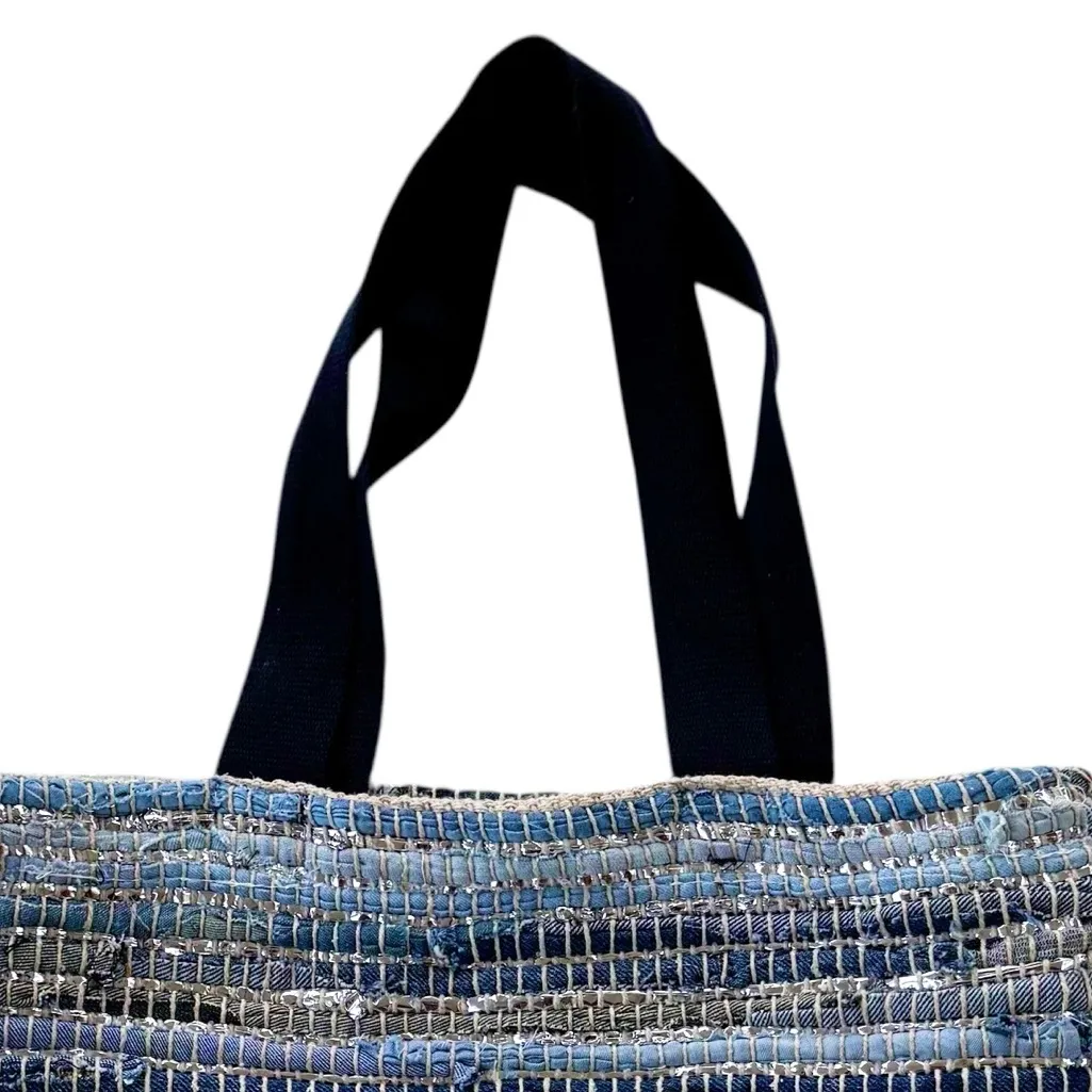 Anthropologie Studio Maybelle Handwoven Large Denim Tote Bag Blue and Silver - Image 4