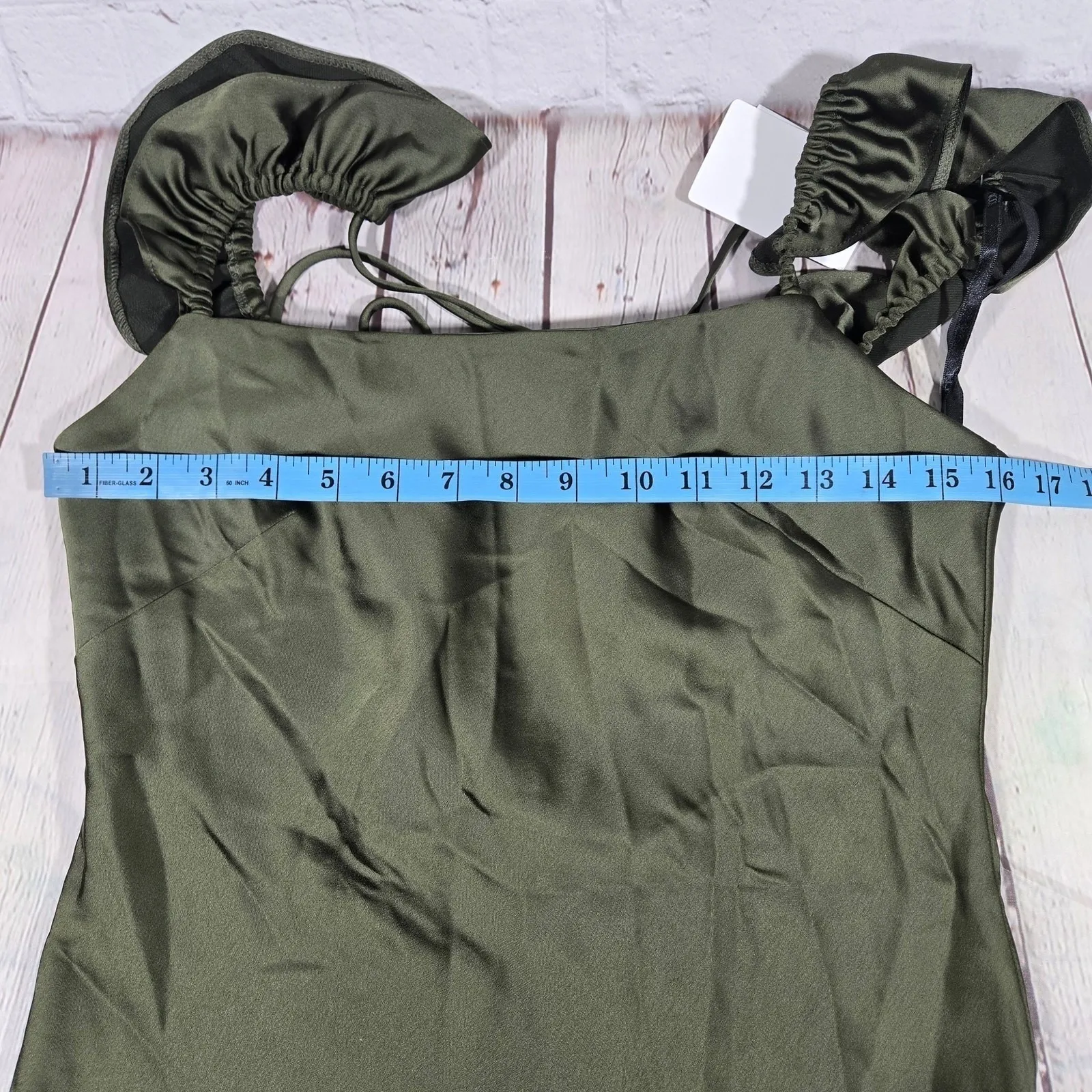 Social Bridesmaids Olive Green Satin Ruffle Flutter Sleeve Maxi Dress XS 8219‎ - Image 8