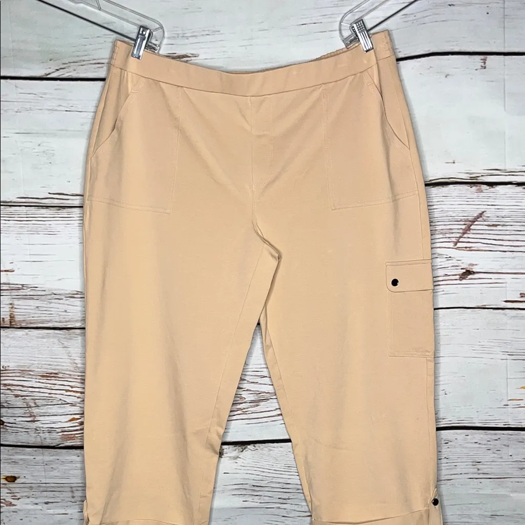 Susan Graver XL Cream Premium Stretch Roll Cuff Hemline Pull On Crop Cargo Pants - Image 2