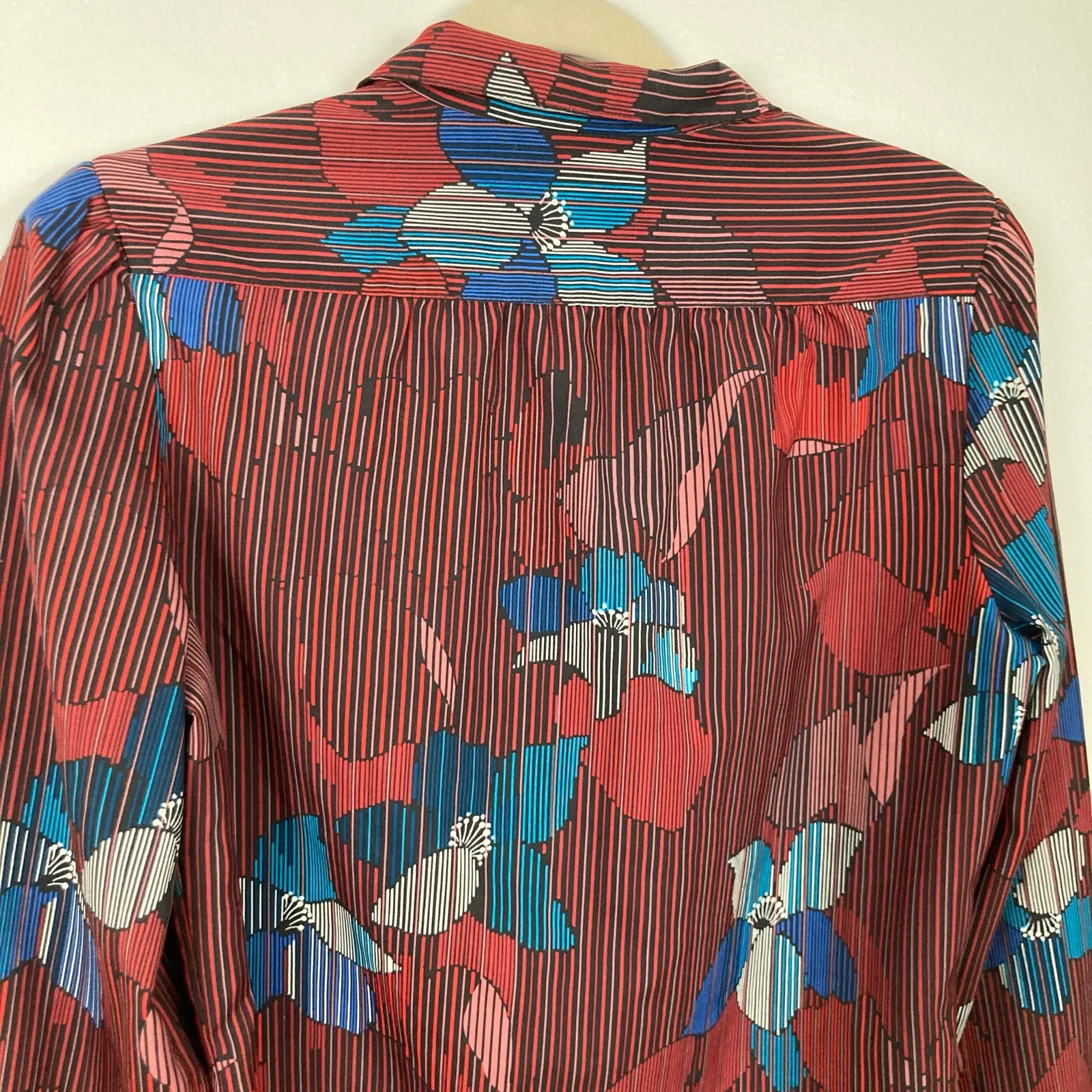 VTG 80s Maroon Abstract Floral Stripe Blouse Womens M Indie Eclectic Secretary Red Size M - Image 10
