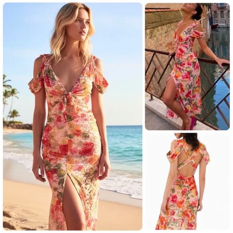 FOR LOVE AND LEMONS Pink Yellow Beth Ruched Corded Fitted Midi Dress size Medium - Image 2