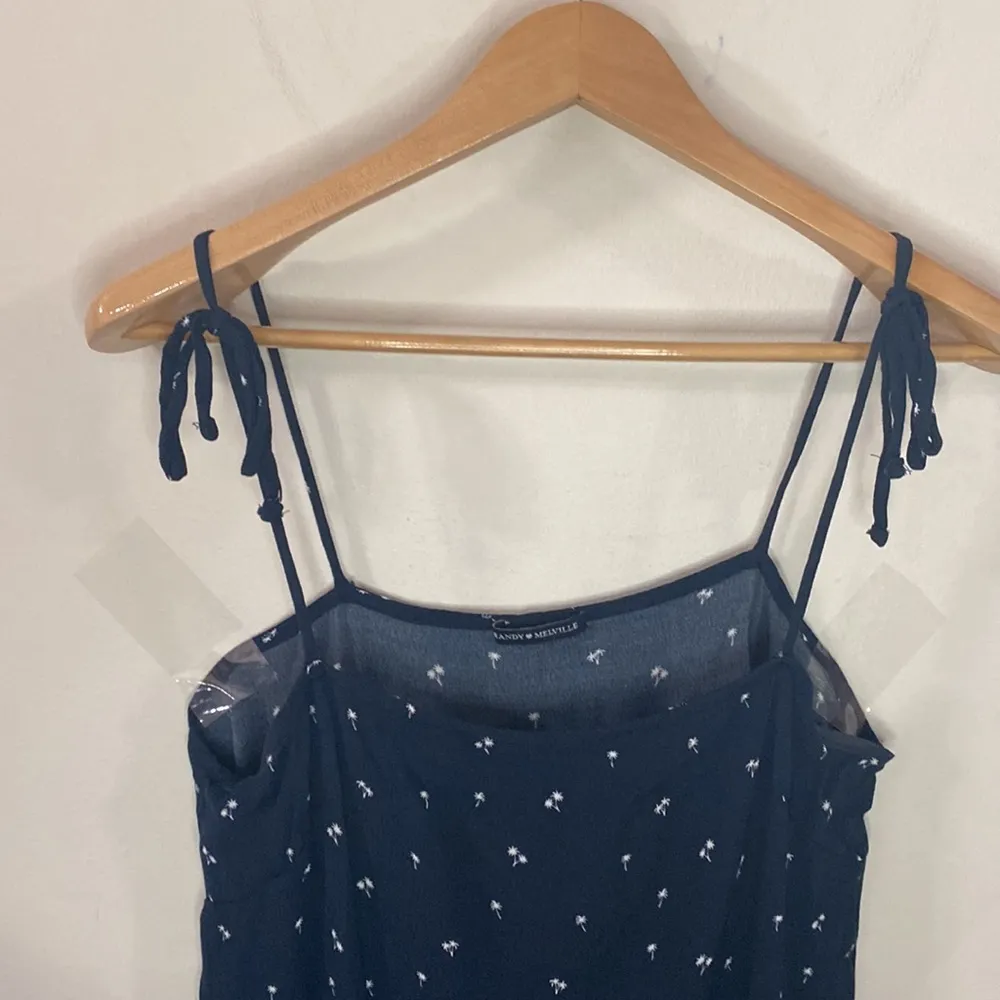 navy scattered micro palm print tie strap square neck mini dress - Image 4