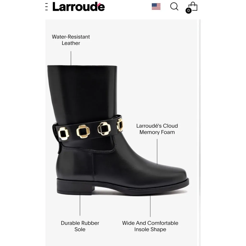 Larroude Milan Flat Bootie Black Water Resistant Leather Gold Buckle 9 NWOB - Image 3