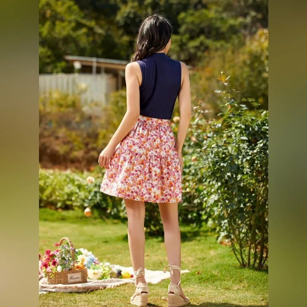 Modcloth Dolls On Parade Tiered Skirt Casusl Cotton Aline Mini Pink Orange M NWT - Image 3