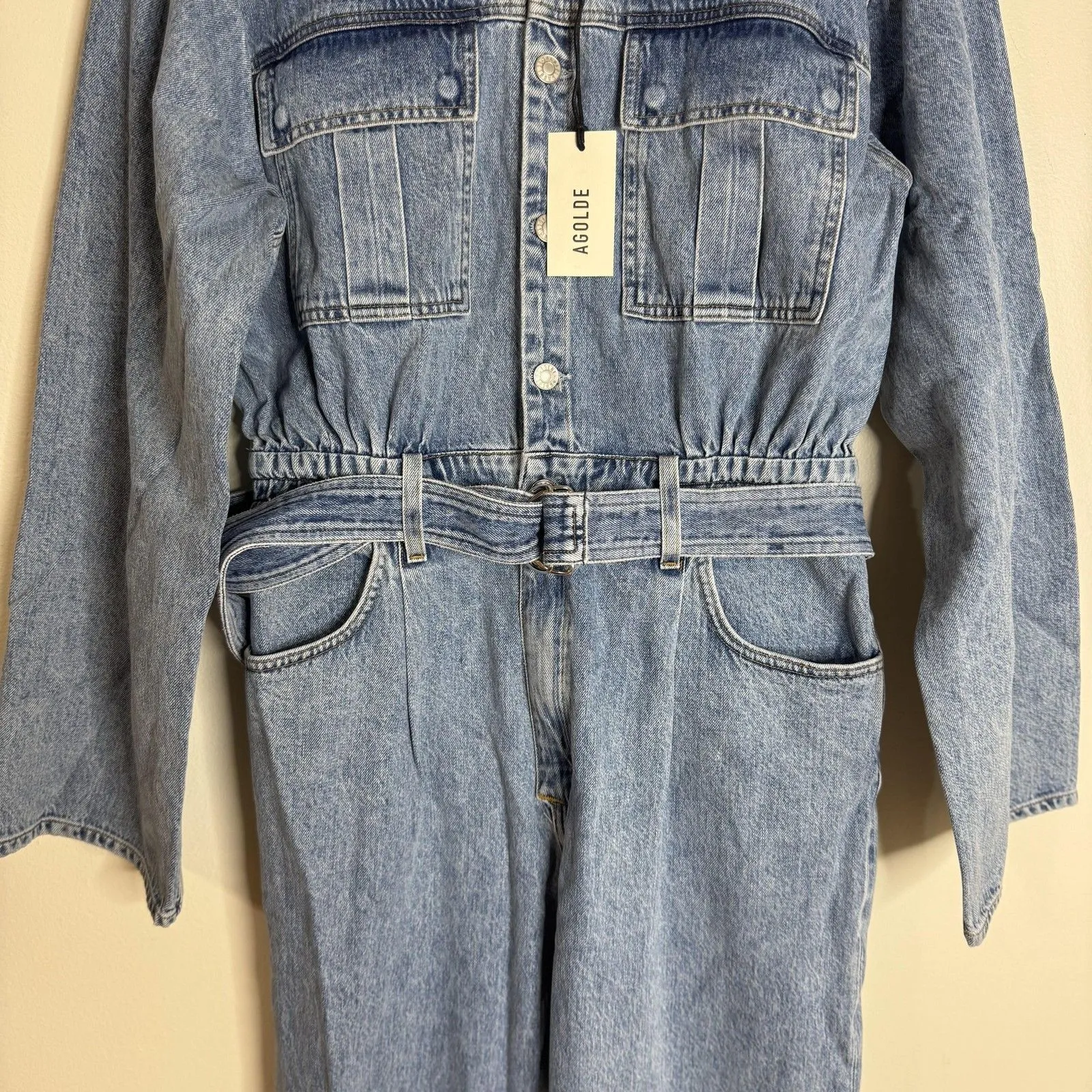 Agolde Tatum Denim Jumpsuit Womens Large Light Wash Belted One Piece Coverall - Image 7