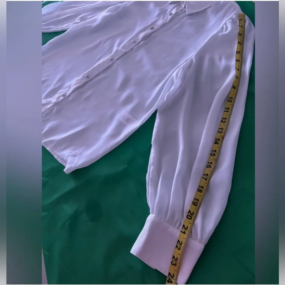 TAHARI  Womens Ivory White And Metal Button-Up High/Low Tunic dress Blouse Sz M - Image 10