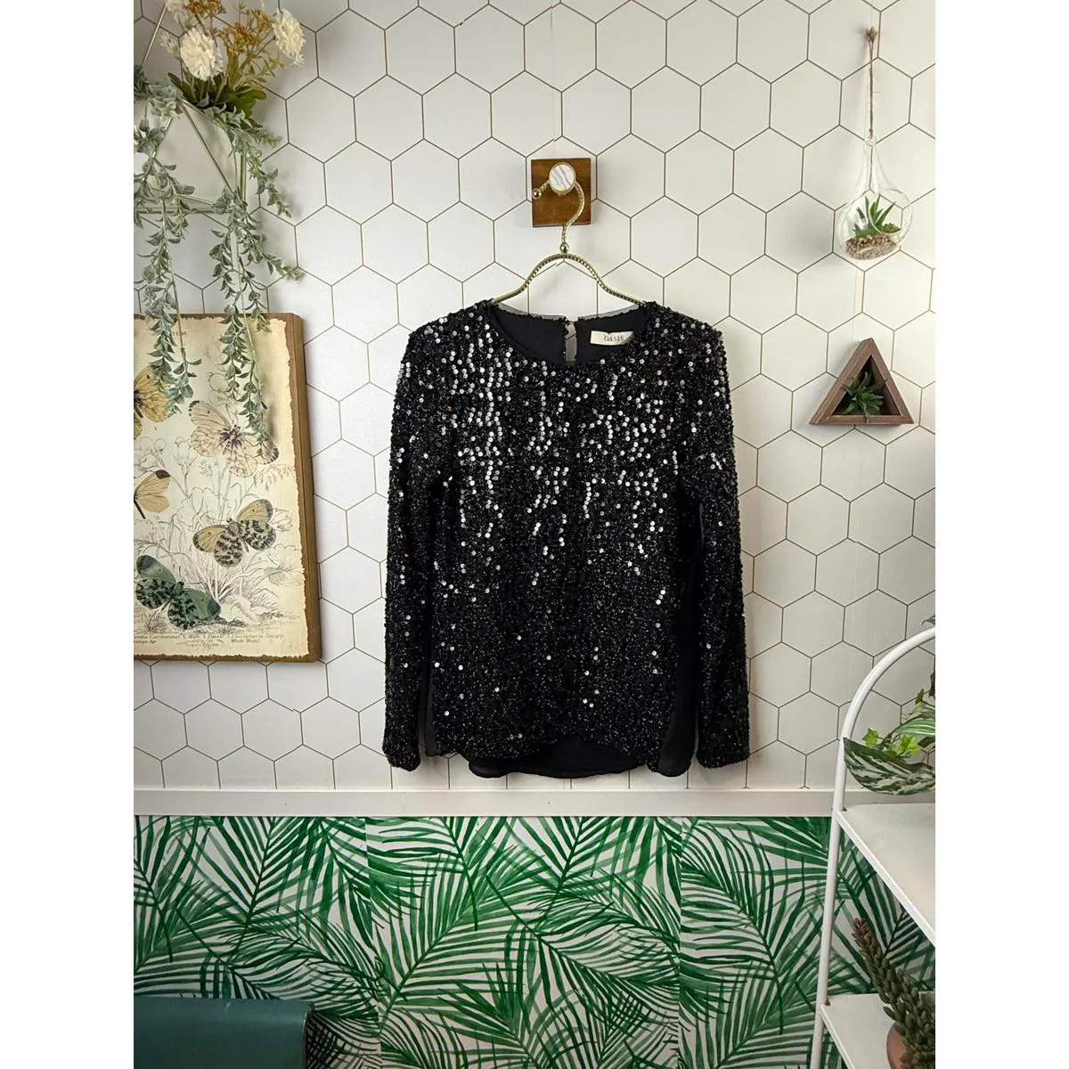 Oasis Black Textured Sequin Long Sleeve Top - Size - XS - Image 3