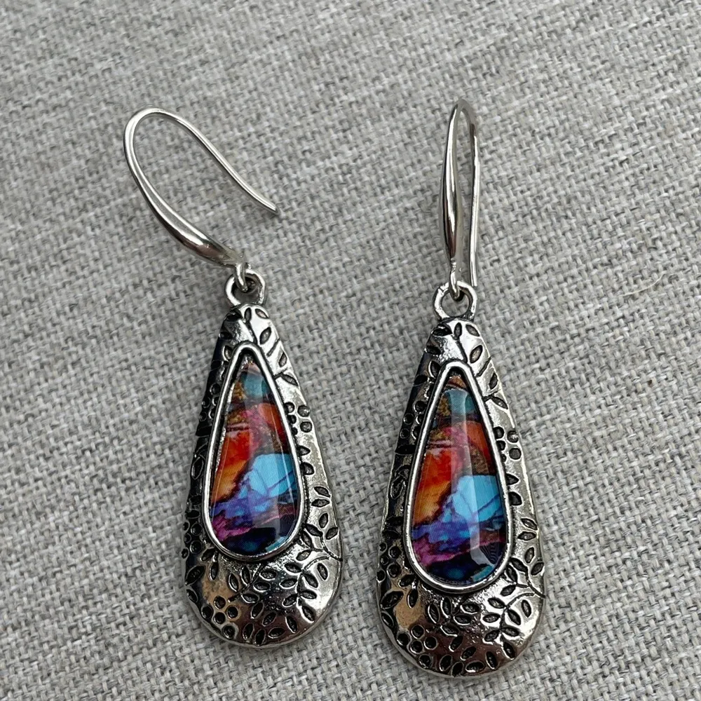 Pretty colors silver tear drop earrings new gift wife sister girlfriend mom boho - Image 2