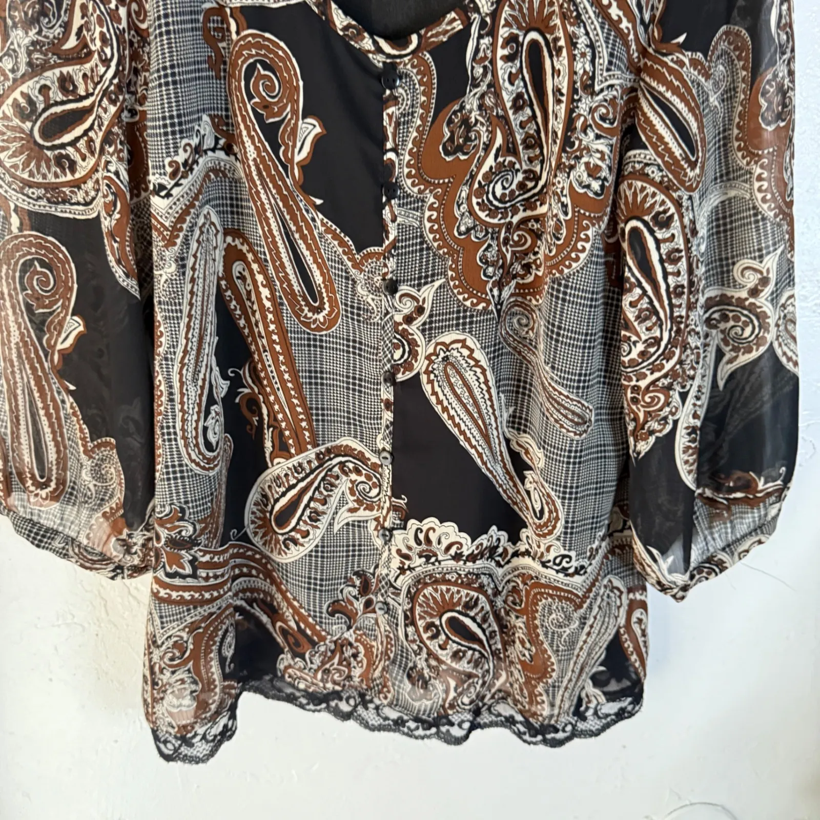 Christopher‎ & Banks Y2k Paisley Sheer Blouse L 3/4 Lace Boho Grunge Western - Image 3