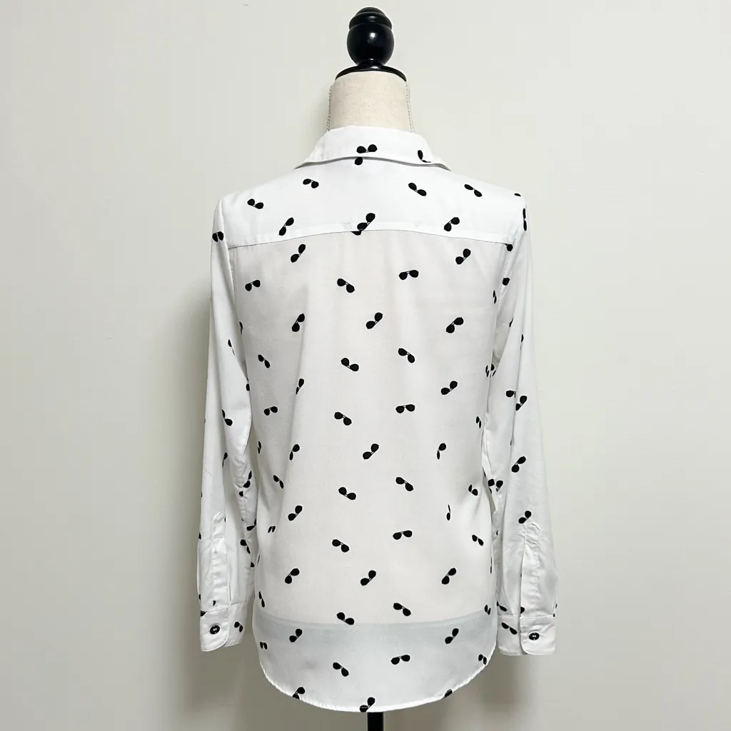 Karl Lagerfeld White Black Sunglasses Roll Tab Sleeve Button Up Collar Blouse XS - Image 11