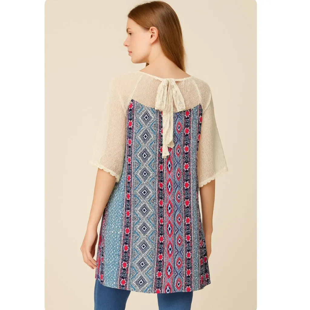 Umgee Tunic Blouse M Boho 3/4 Open Split Sleeve Lace Bow Tie Back Multicolor - Image 5