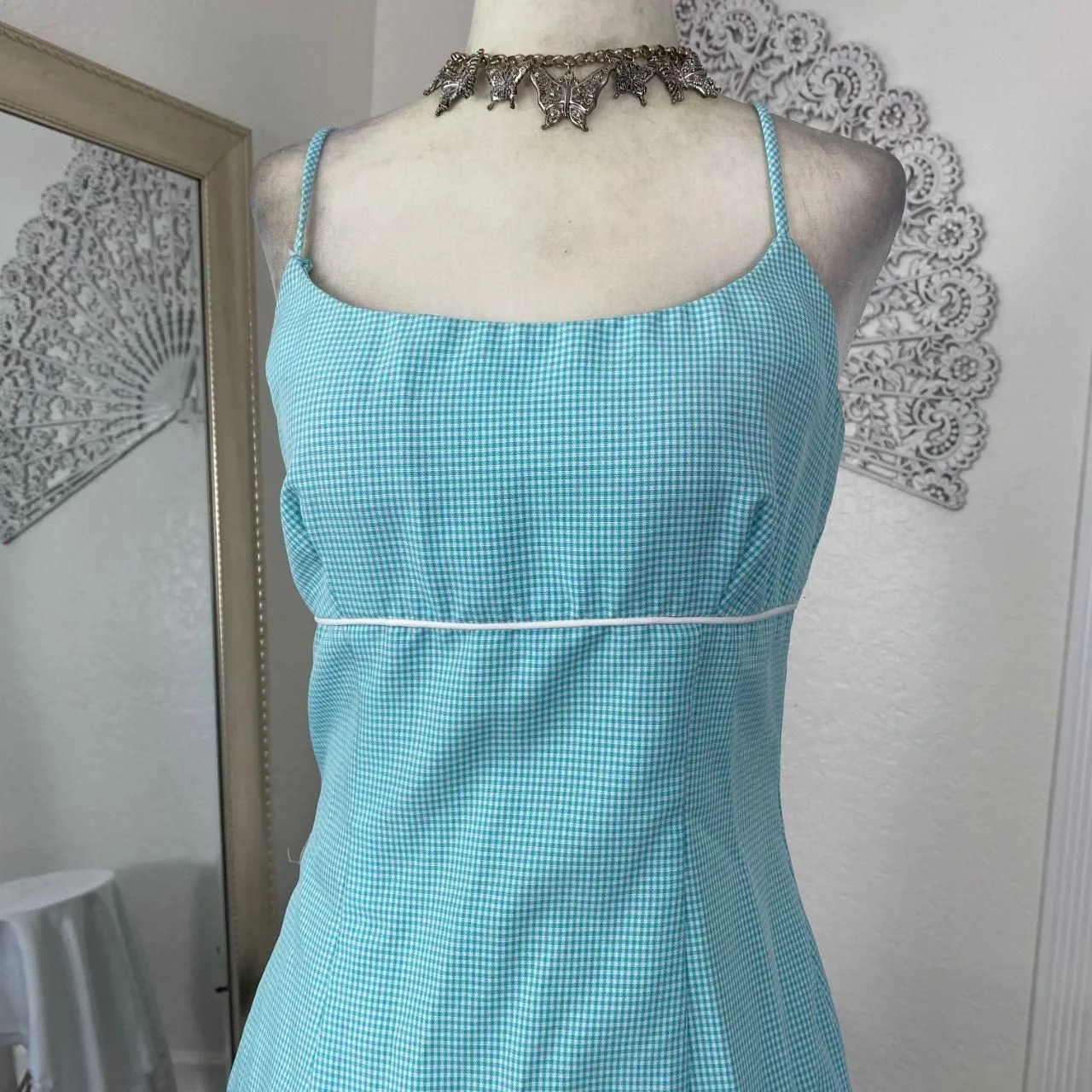 1970s Boho Cottage Light Blue Teal White Gingham Mini Cami Dress Size S - Image 5