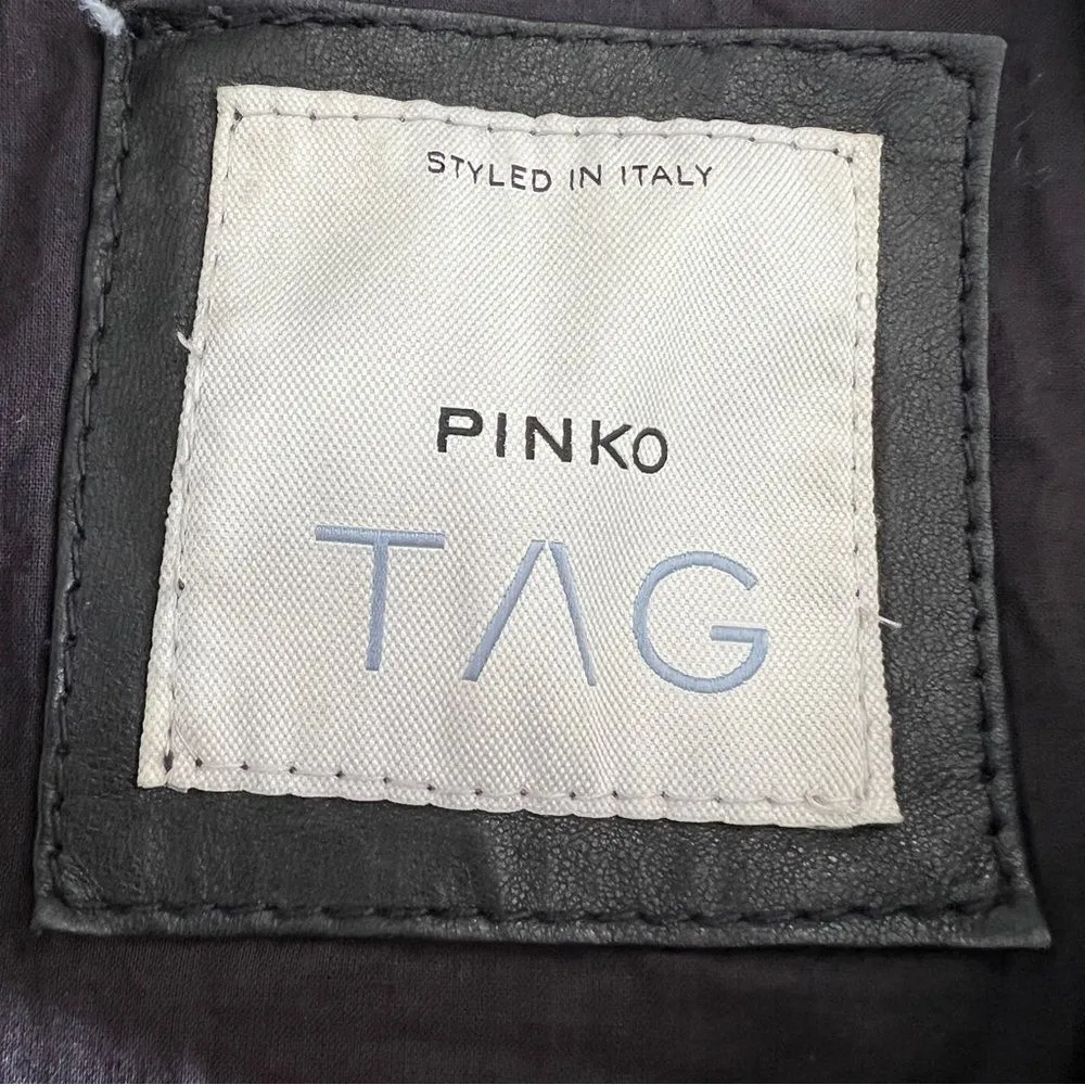 Pinko 100% Lamb Leather Black Collared Snap Button Moto Jacket Women’s 10 - Image 6