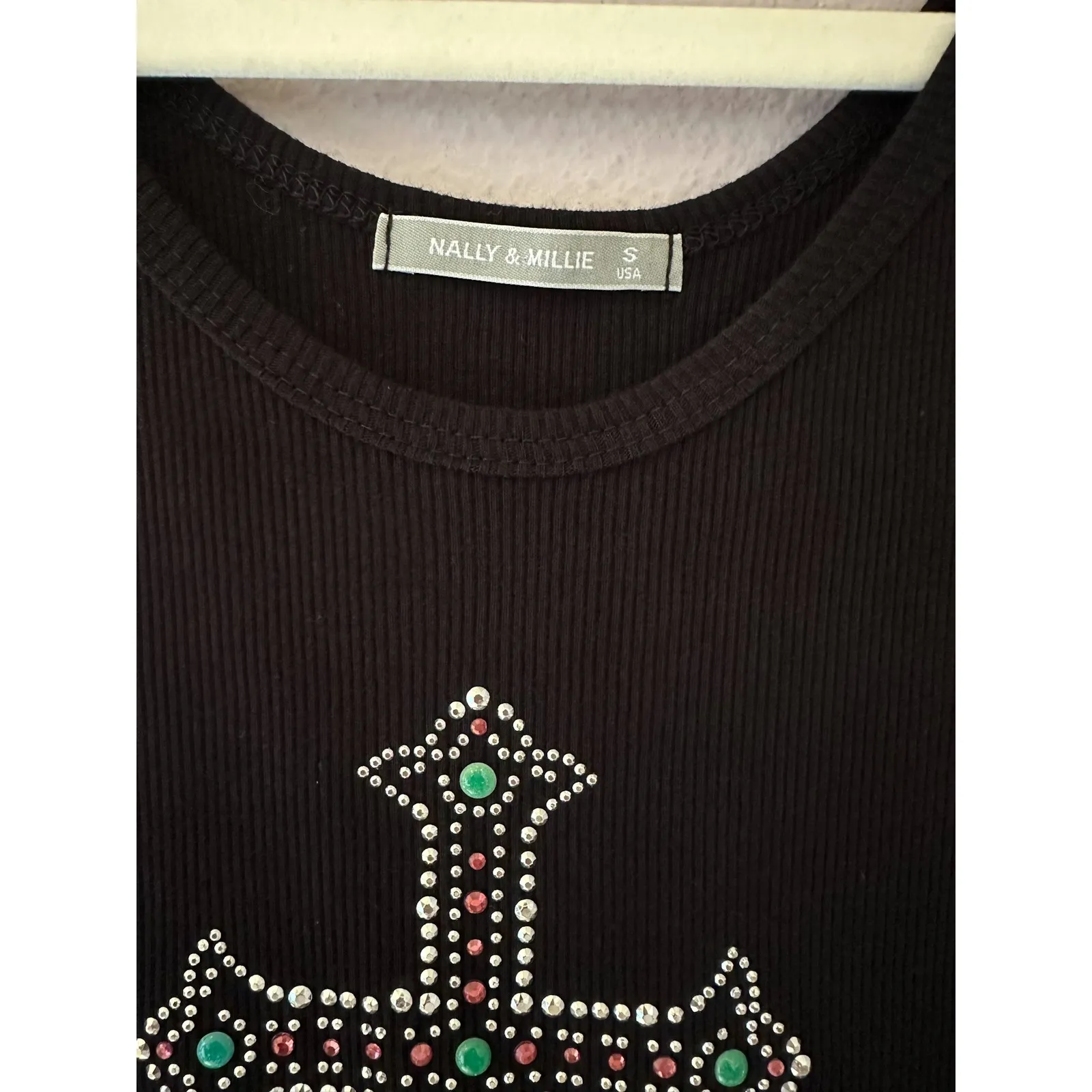 Vintage 90s Y2k Nally & Millie Black Rhinestone Cross Ribbed Tank Top Size Small - Image 2