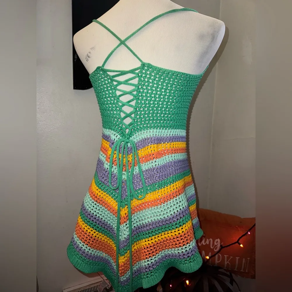 Crochet mini dress in green and purple hues #boho #festivalvibes Size M - Image 4