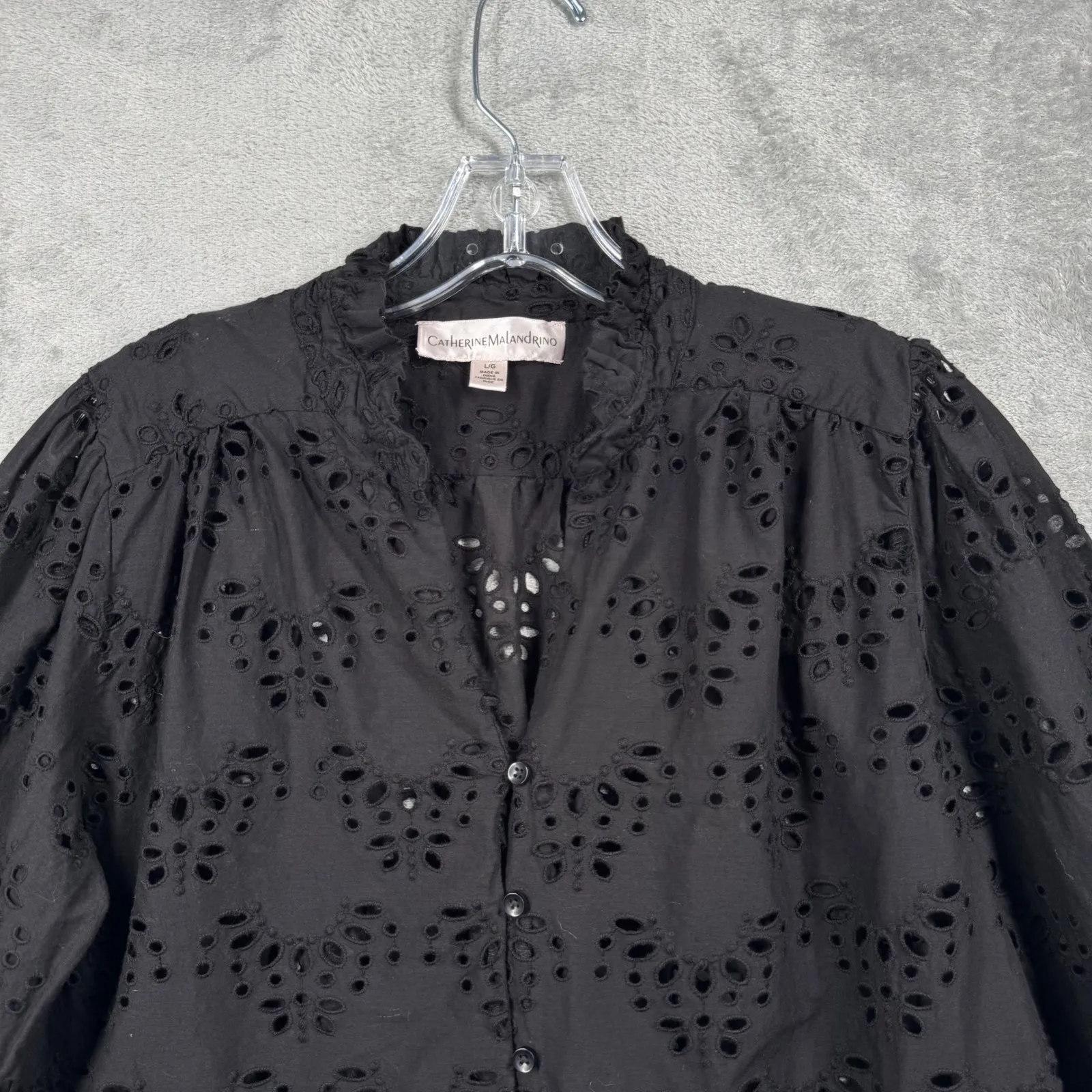 Catherine Malandrino Blouse Black Eyelet Large Dark‎ Boho Whimsigoth Victorian - Image 4