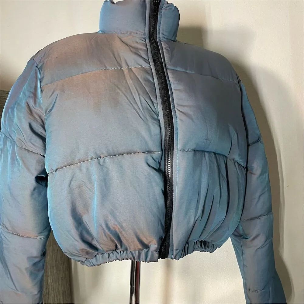 COPY - Double Zero Women's Blue Cropped Puffer Jacket Size M Winter Casual - Image 6