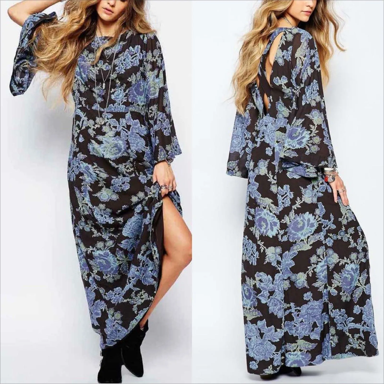 Free People Melrose Maxi Dress Size 2 Floral Night Combo Boho Flare Sleeves - Image 2