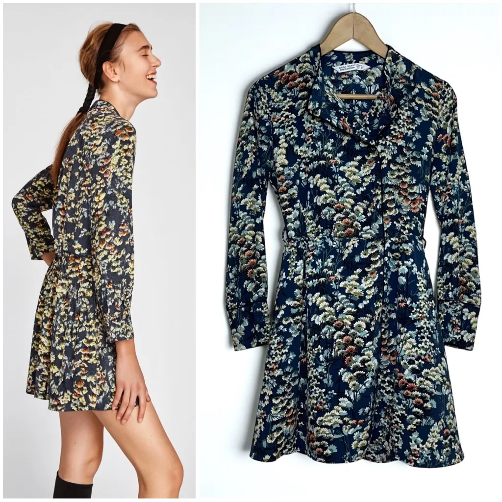 Zara Long Sleeve Piped Trim Stand Collar Mini Dress in Blue Floral Print - Image 4