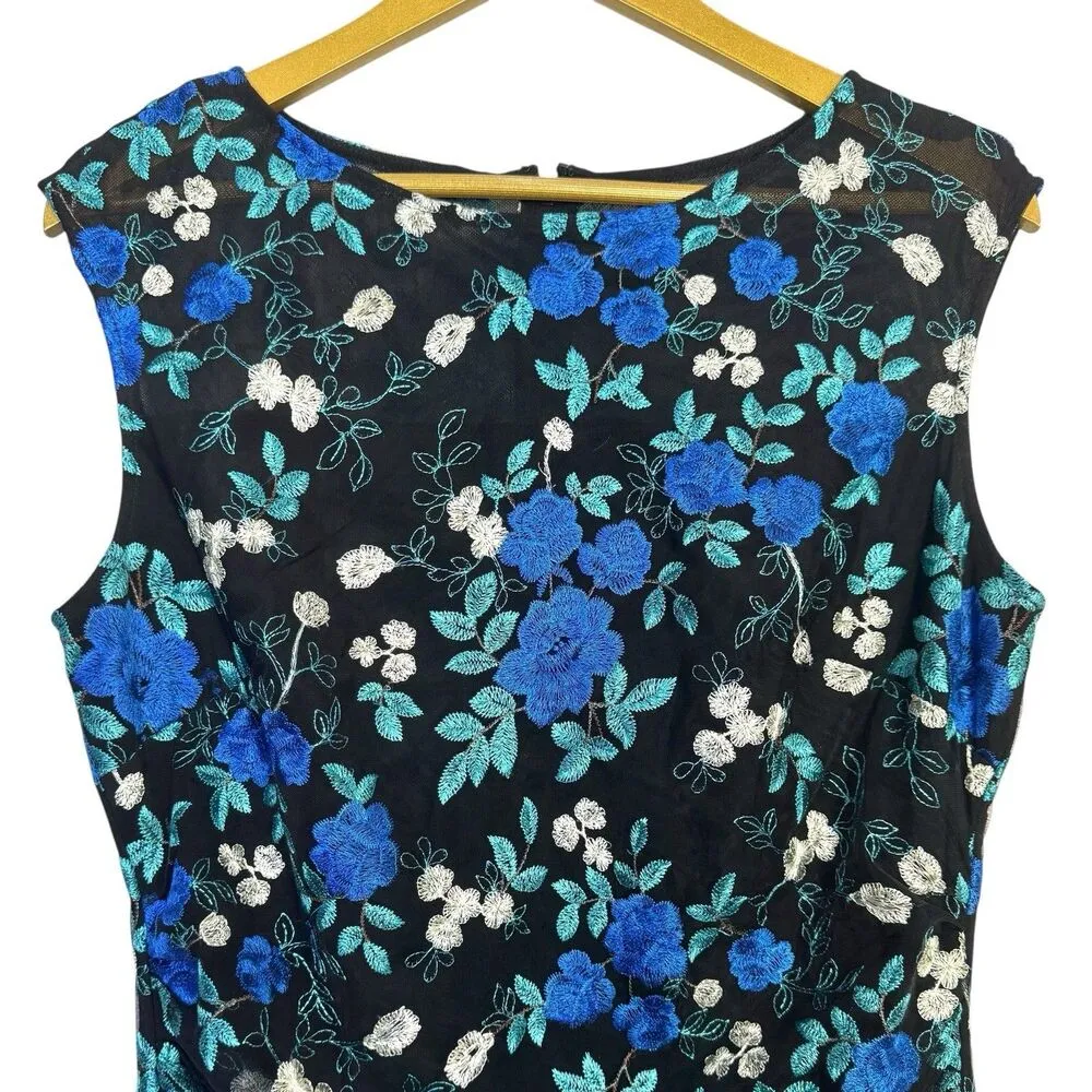 Lauren Ralph Lauren Midi Dress Size 12 Floral Embroidered Mesh Black Blue Modest - Image 4