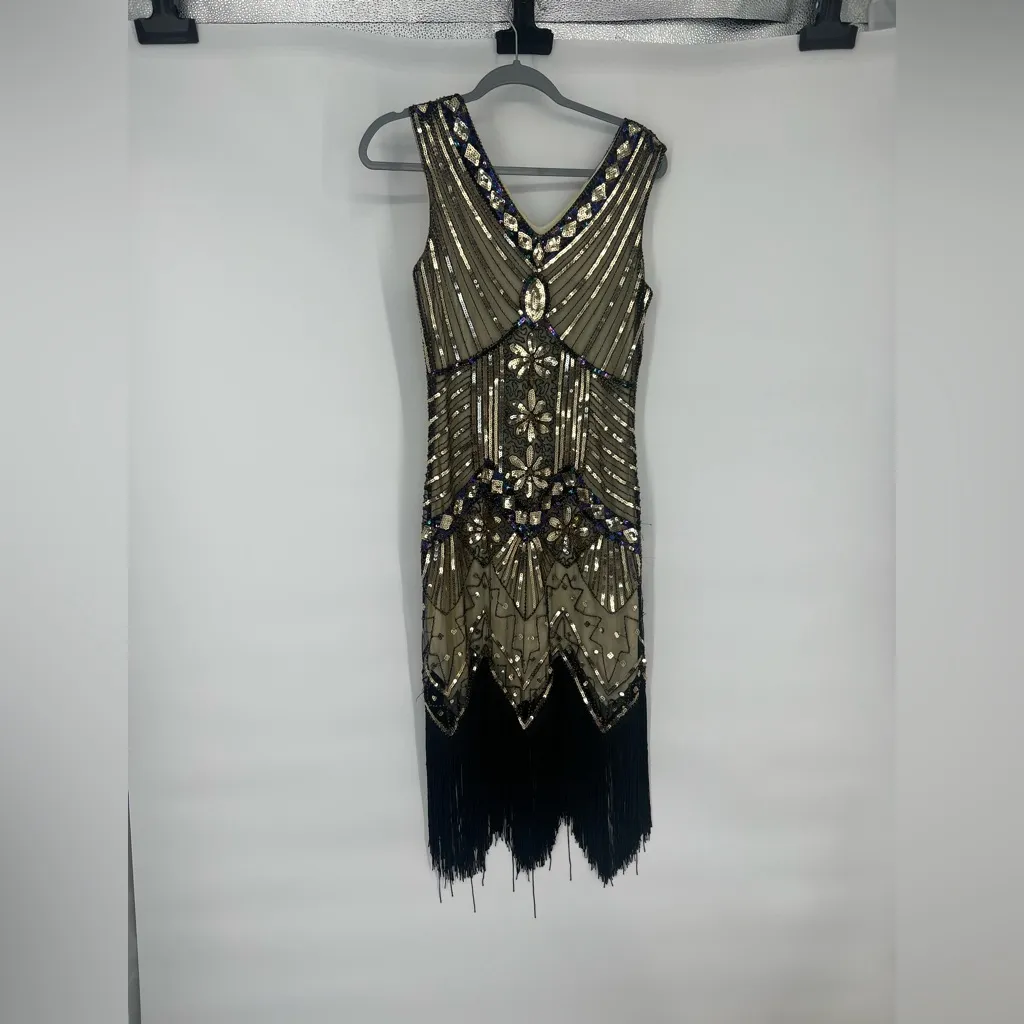 1920s Flapper Great Gatsby Charleston Sequins Beaded Fringe New Year Dress Gold Size M - Image 9
