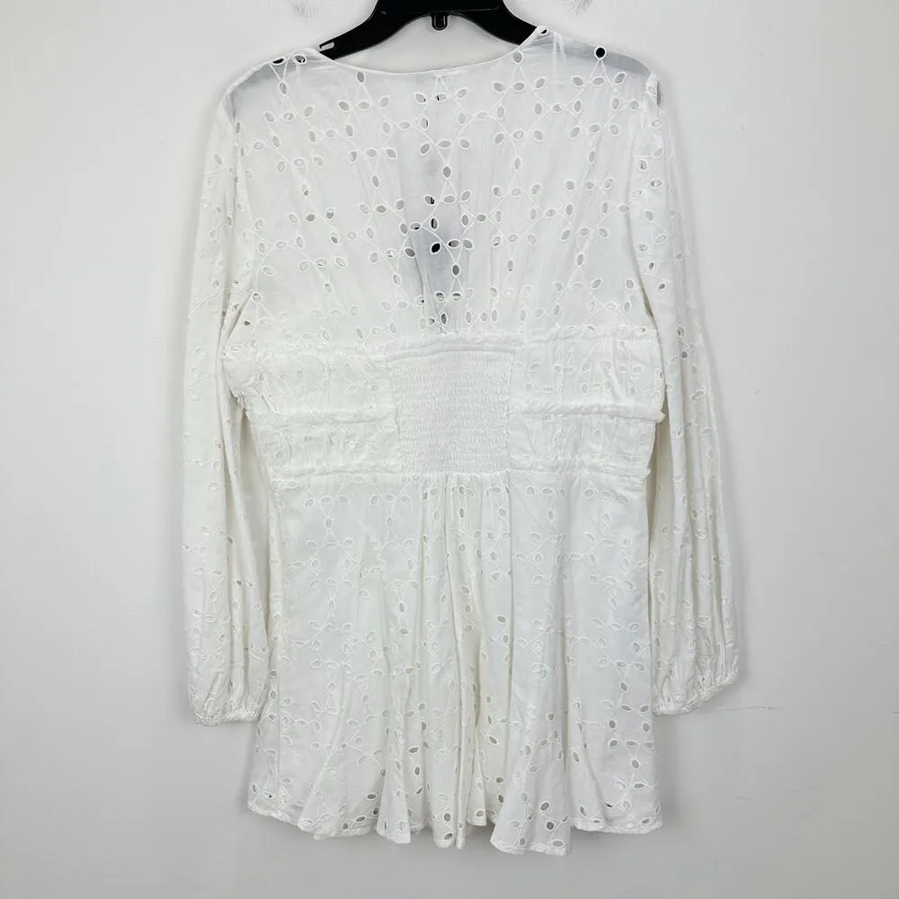 Gianni Bini Katrina Eyelet Mini Dress Cotton Long Sleeve A Line White Large NWT - Image 10