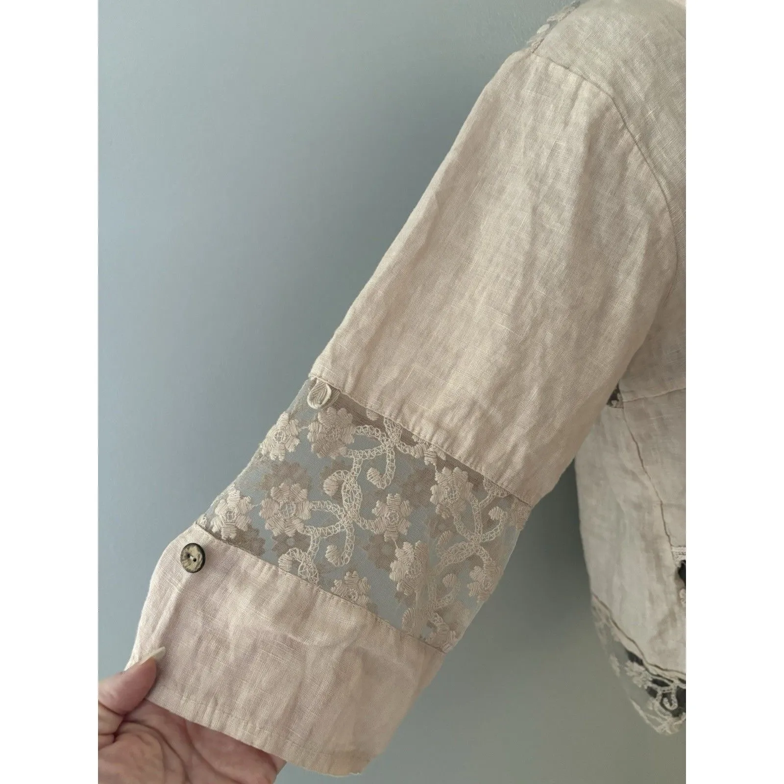 Linen Blouse Jacket Womens XL Blush Pink Lace Detail Boho Fairy Whimsy Coquette - Image 6