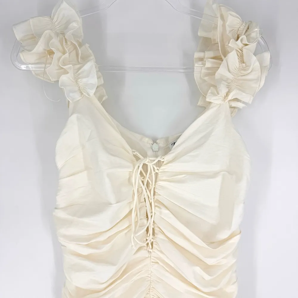 Zara Ruched Bodycon Mini Dress with Ruffle Straps Ivory White Size Medium NWT - Image 2