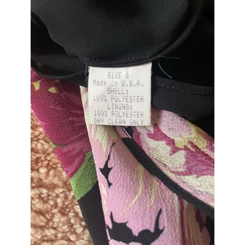 Vintage USA 90s Y2K Mica Floral Ruffle Rayon Dress Size S Black - Image 6