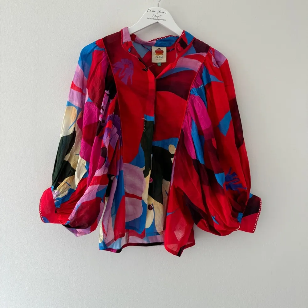 FARM RIO Red Watercolor Floral Long Sleeve Blouse XS - Image 4