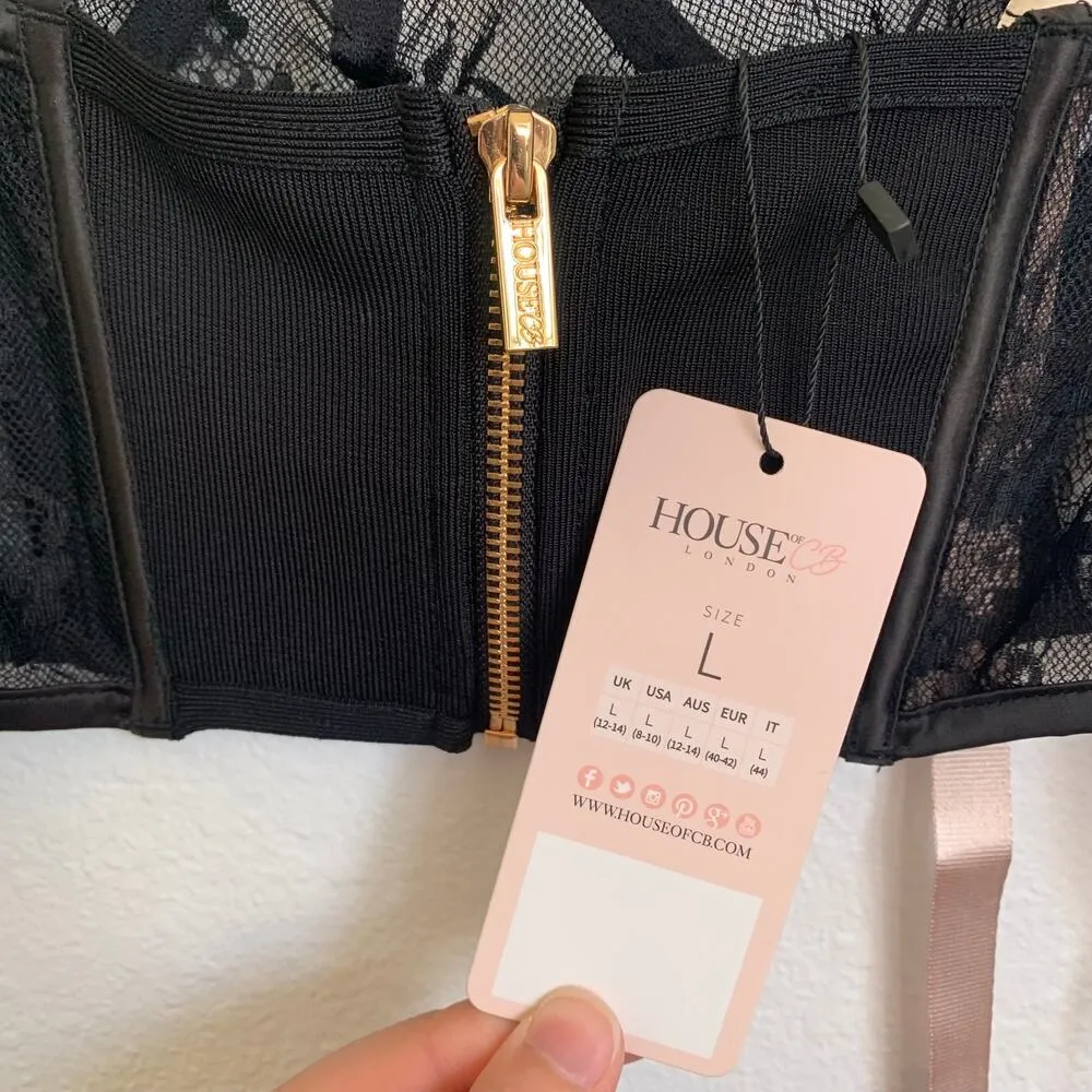 NWT House of CB Kya Bustier Crop Top with Sheer Mesh Short Sleeve in Black - Image 7