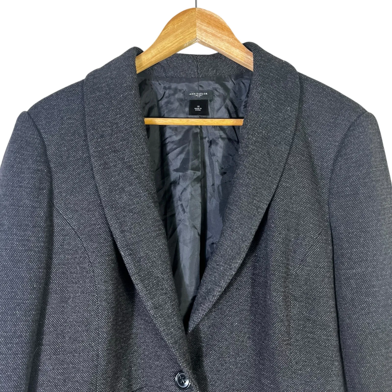 Ann Taylor Herringbone Single-Breasted Blazer Womens 16 Gray Corpcore Minimalist - Image 3