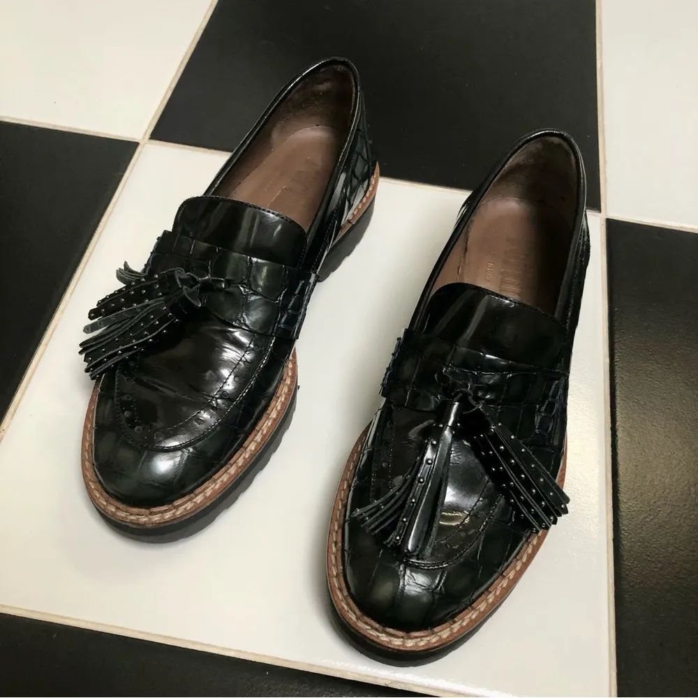 Pertini Italian Leather Kilties Studded Tassel Loafers Croc Embossed Grunge Prep Black Size 6 - Image 2