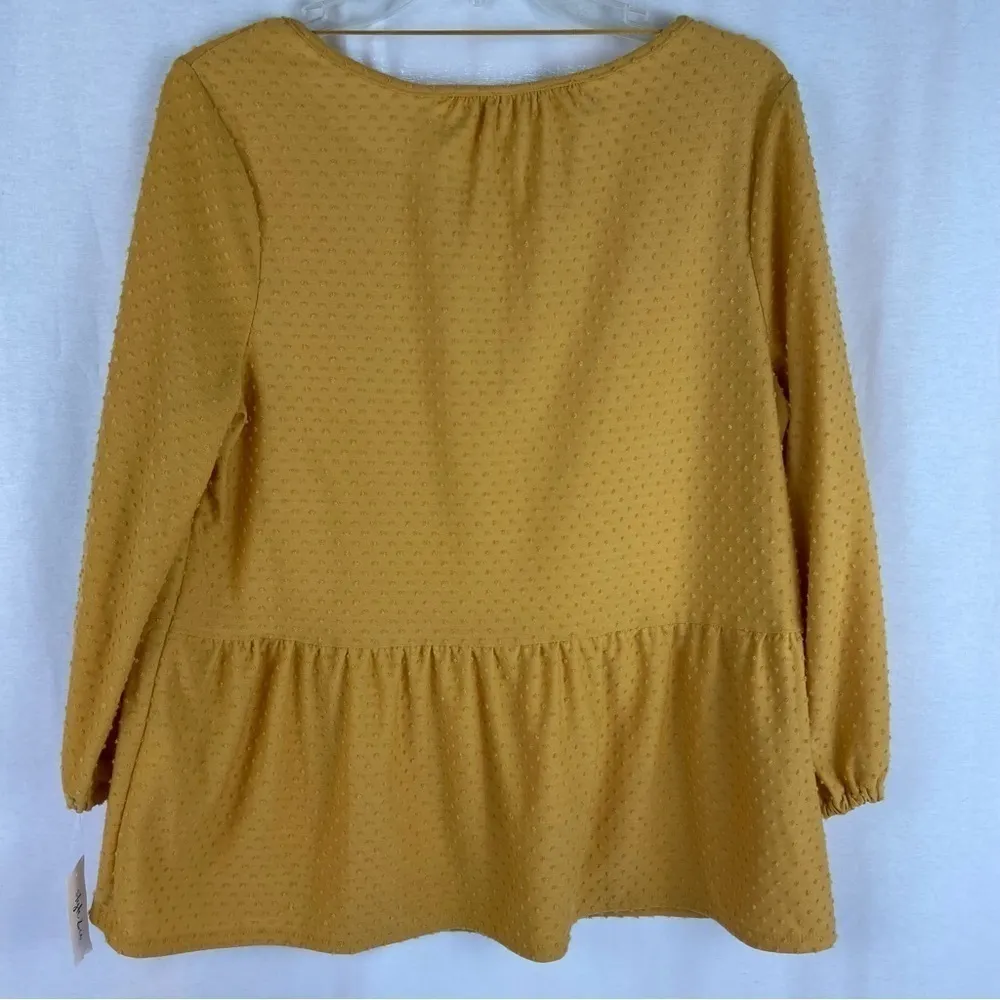 Style & Co NEW Mustard Yellow Swiss Dot Long Sleeve Baby Doll Top Size Medium - Image 2