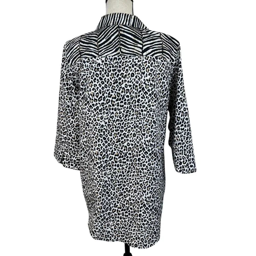 Chico’s SZ 1 (Medium) Top Leopard Zebra Print Button-Up 3/4 Sleeves Hi-Low Hem - Image 5