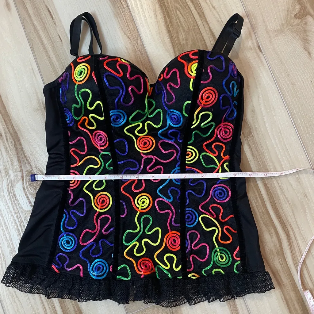 Just One Black Corset With Multicolor Swirl Design And Zip Up Back Size Large - Image 16