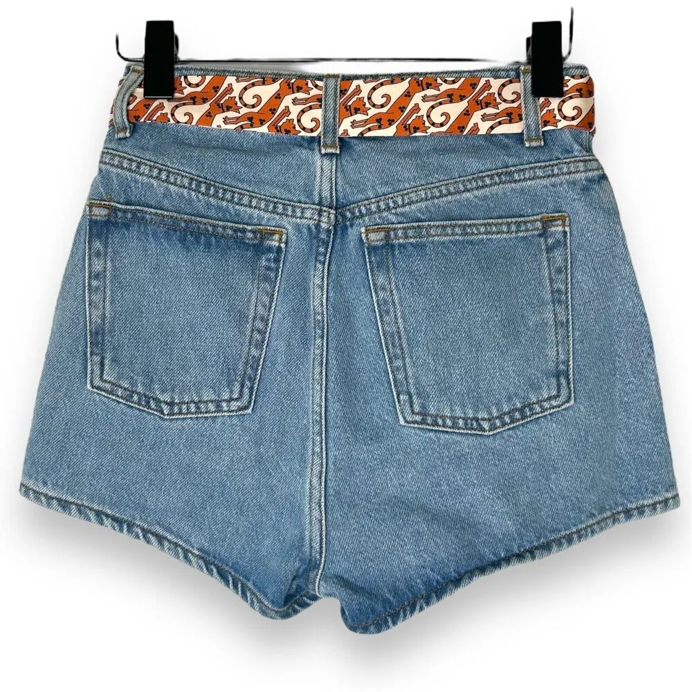 New SANDRO Paris Belted Blue Jean Shorts Size 34 Womens 2 High Rise Denim ($220) - Image 3