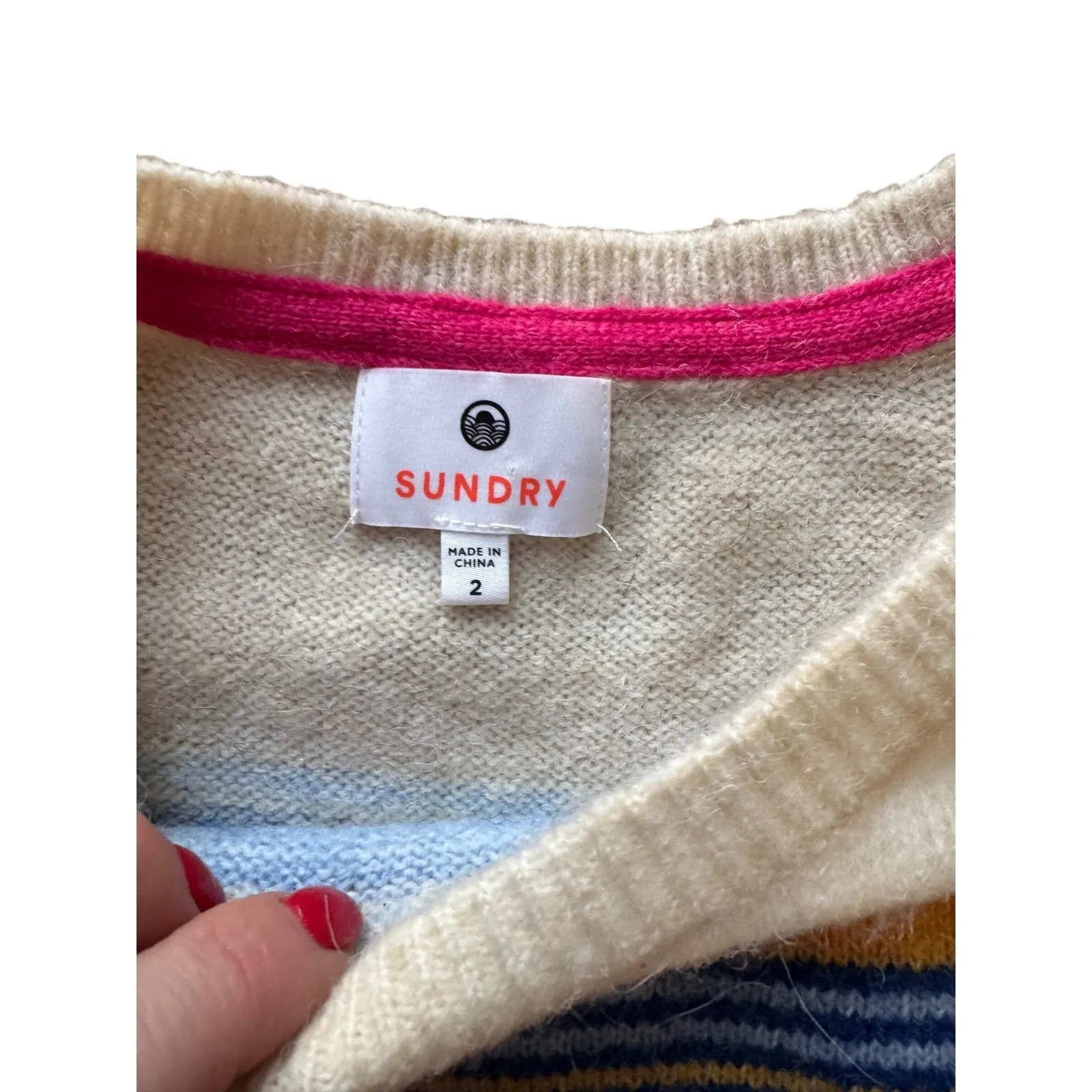 SUNDRY Striped Crewneck Sweater Cream Multicolor Boho Size 2 - Image 3