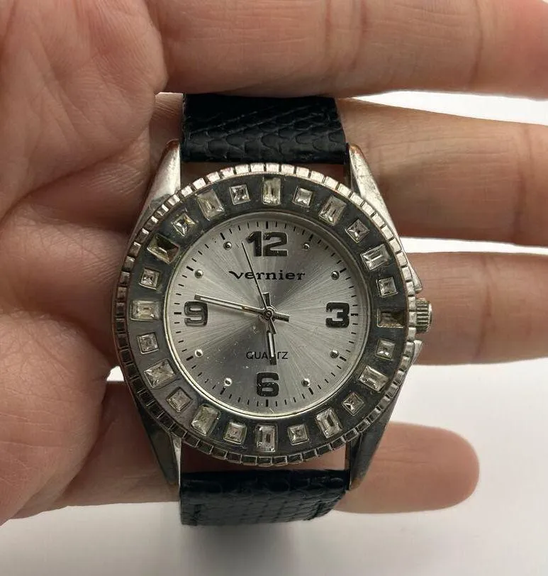 Vernier Silver Tone Crystal Dial Black Leather Women’s Quartz Watch - Image 6