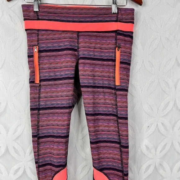 Lululemon Athletica Striped‎ Cropped Leggings Zippers Coral Pink Purple Size 8 - Image 3
