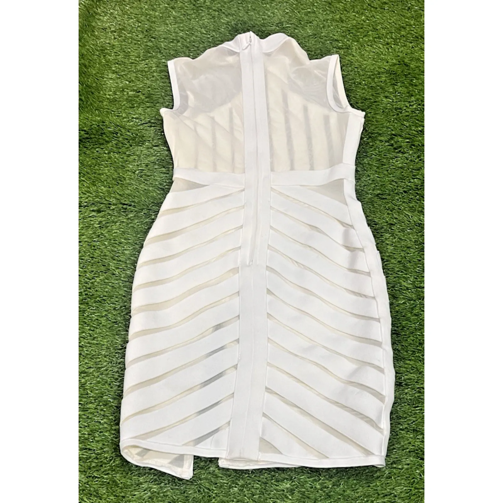 Kira Kira White Structured Mesh Panel Bodycon Dress Mock Neck Slit Bandage XS - Image 3