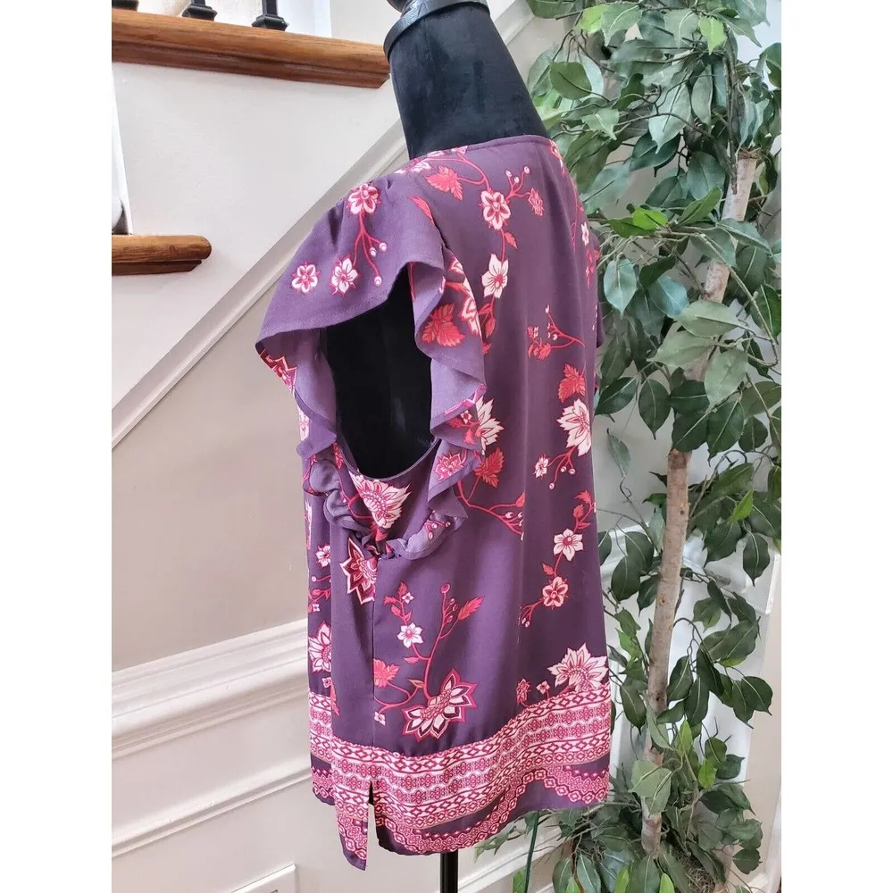 SOHO Womens Purple Floral Polyester Round Neck Short Sleeve Top Blouse Size M - Image 5