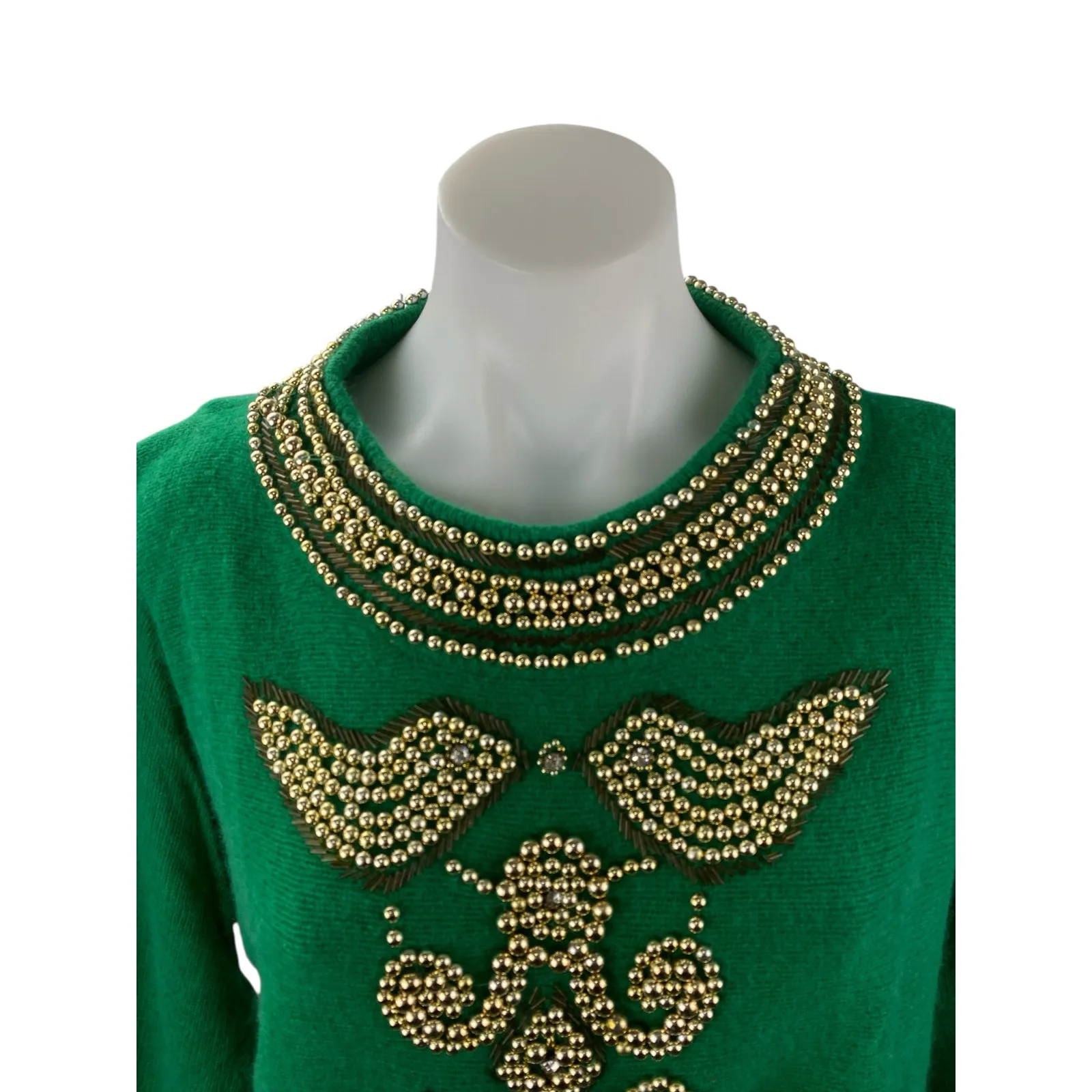 VIntage Eddie Bassin Women's Green Wool Gold Beaded Long Sleeve Sweater Top M Size M - Image 2