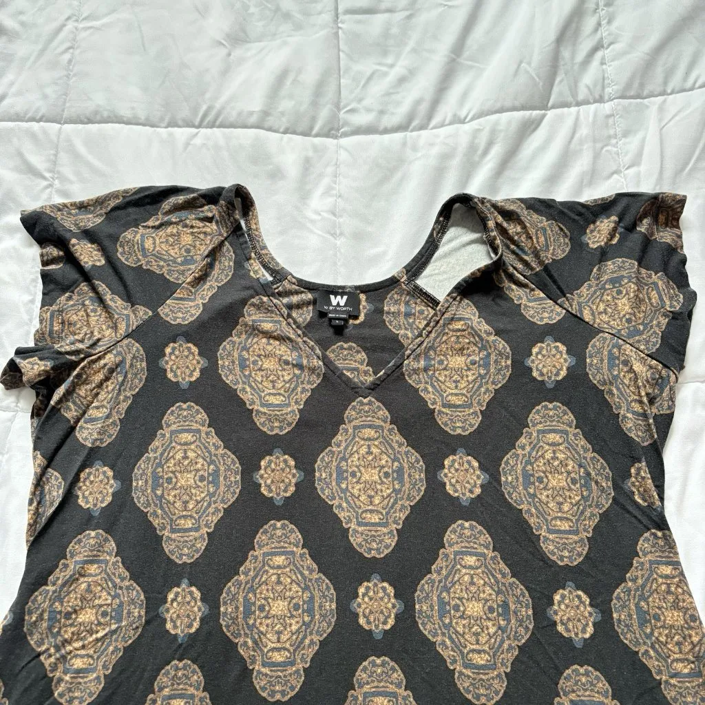 W by WORTH Womens Size Large Blouse Short Sleeve V Neck Flowy Brown Office - Image 2