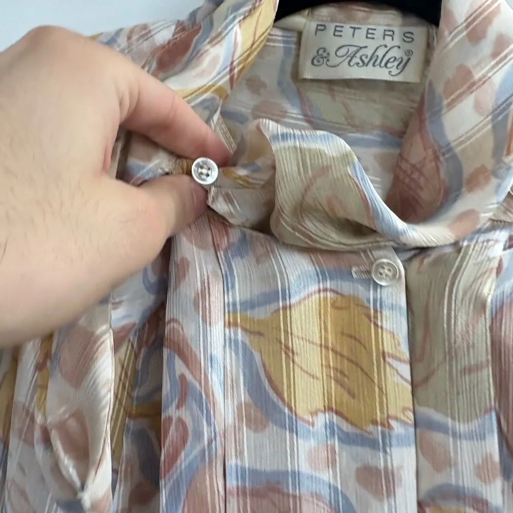 Vintage Shiny Floral Pastel Peters 80s Ashley boho floral ShoulderPads blouse 10 Blue - Image 8