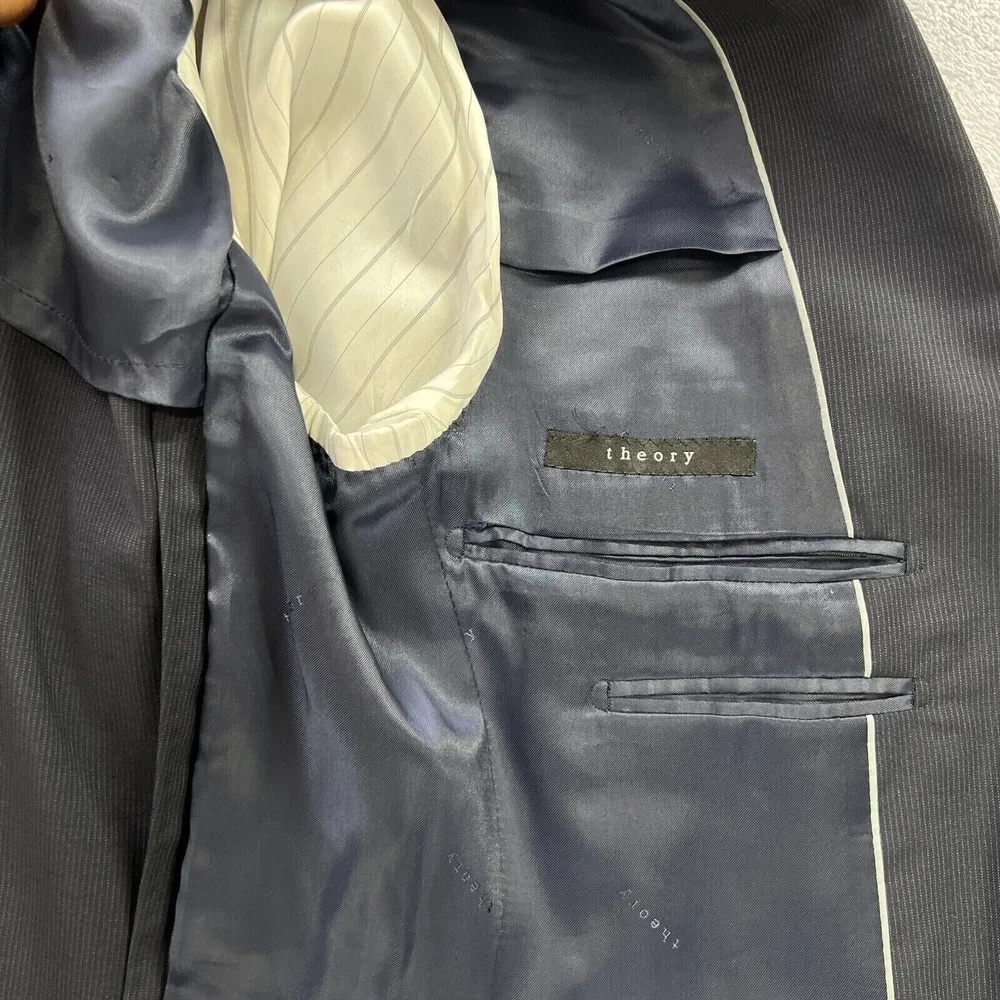 Theory  Wool Blazer Jacket Pinstripe Two Button Business Career Navy Size Unknown - Image 3